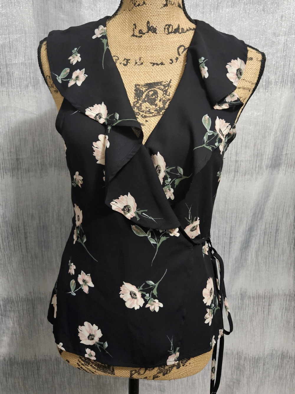 Lulu's Black Floral Wrap Top with Pale Pink Flowers